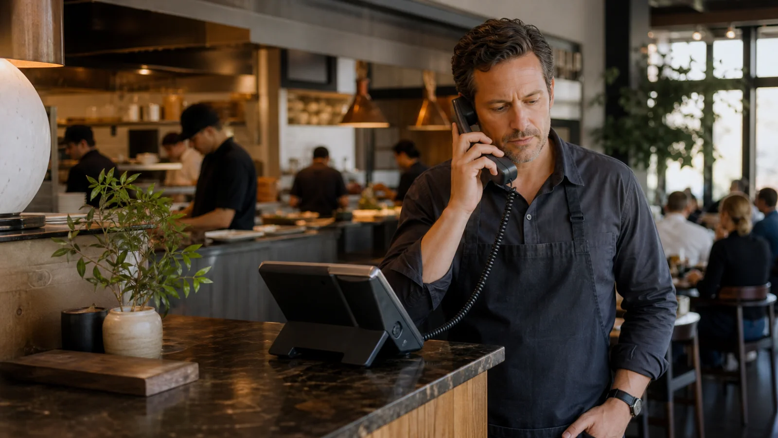 A restaurant operator handling a customer call while the team works behind him